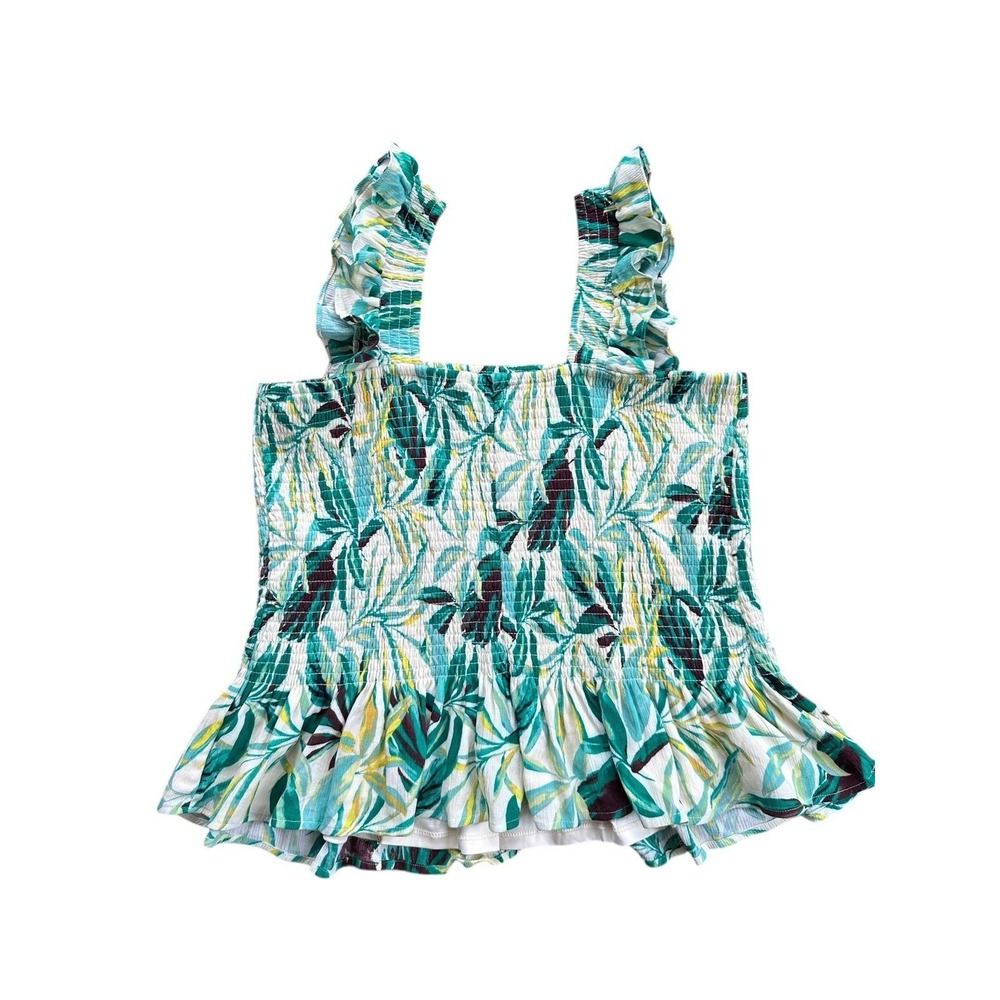 Torrid Smocked Peplum Tank Top Womens 1 Green Tropical Palm Leaf Ruffle